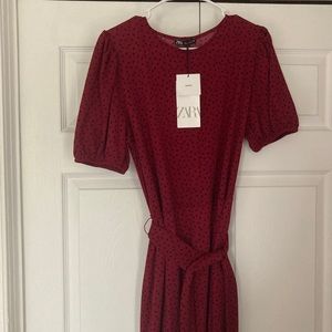 NWT Zara Red Midi-dress: tie waist, cinched arms.